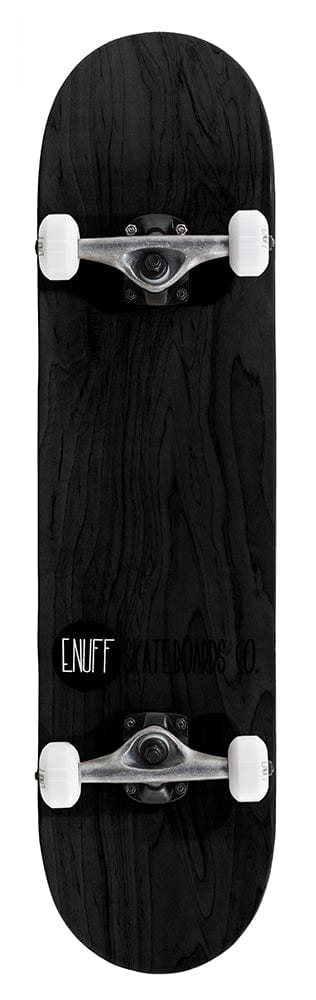 A black Enuff Logo Stain Complete Skateboard, made from Canadian Maple and measuring 8" x 32", viewed from above. It features a textured wood grain design on the deck with the Enuff logo printed in white. The skateboard is equipped with white wheels, metal trucks, and smooth ABEC 7 bearings for a superior ride.