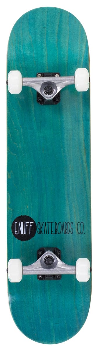 The Enuff Logo Stain Teal Complete Skateboard, measuring 8" x 32", features white wheels and metal trucks. Its Canadian maple deck highlights "ENUFF SKATEBOARDS CO." in black with a circular logo on the left, while the wood grain offers distinct texture. ABEC 7 bearings provide a smooth glide.