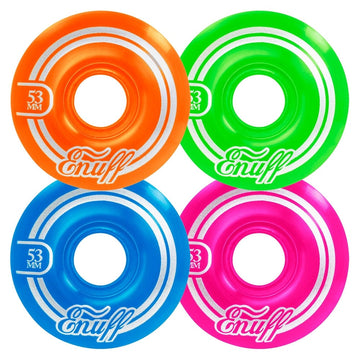 A set of four colorful skateboard wheels, called the Enuff Refresher II 53mm Skateboard Wheels - Disco, each feature the brand "Enuff" and measure 53mm. The orange, green, blue, and pink wheels are displayed in a 2x2 layout. They have white stripes, a shiny finish, and are crafted with a durable 55D formula for improved performance.