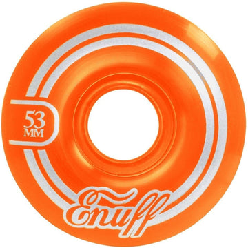 An Enuff Refresher II 53mm skateboard wheel in orange features the brand name prominently and is enhanced by sleek circular lines around the center, showcasing its refreshing aesthetic appeal.