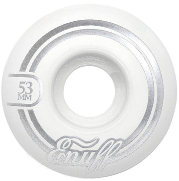 A white Enuff Refresher II 53mm skateboard wheel adorned with silver details and the brand "Enuff" inscribed on it. Designed with a 55D formula, it offers a simple yet functional aesthetic.