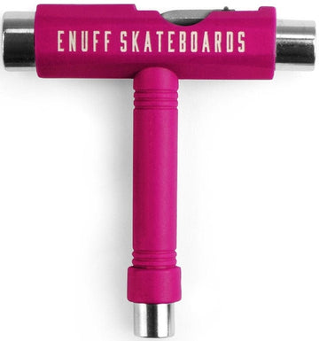 The Enuff Essential Skateboard Multi T-Tool in pink, featuring the "Enuff" brand name printed in white, is a versatile T-shaped tool equipped with multiple sockets and an Allen key for efficient adjustment of various skateboard components.