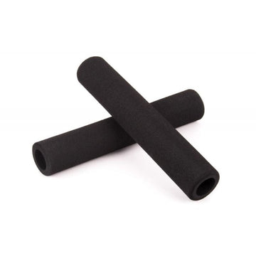 Two Ethic DTC Foam Black Stunt Scooter Grips - 170mm are crossed against a white background. These cylindrical grips have a smooth, soft texture that offers excellent grip for scooter enthusiasts.