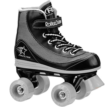 The Roller Derby Firestar V2 Quad Roller Skates in black and grey boast a high-top sports shoe design with sleek white laces. Featuring four wheels, they are adorned with a star graphic and proudly display the text "Roller Derby" and "Firestar" on the side.