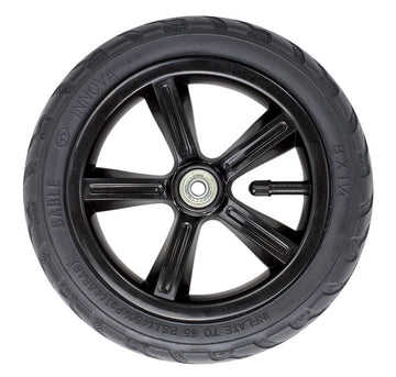 A side view of the Frenzy 230mm Pneumatic Replacement Scooter Wheel - Black reveals a sleek five-spoke alloy design, featuring branding and specifications. The black rubber tire includes a visible valve stem, embodying a modern and functional look perfect for Frenzy scooters.