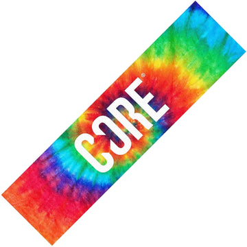 A vibrant CORE Classic Stunt Scooter Griptape in tie-dye, showcasing an eye-catching mix of red, orange, yellow, green, and blue with the word "CORE" prominently displayed in bold white letters at the center. It's like customizing your wristband with a striking and stylish look!