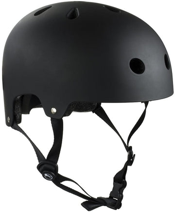 Introducing the SFR Essentials Skate / Scooter Helmet in Matt Black, featuring a high-impact ABS shell, multiple ventilation holes, and an adjustable chin strap. Its smooth matte finish offers both safety and comfort, making it perfect for your skating or cycling adventures.