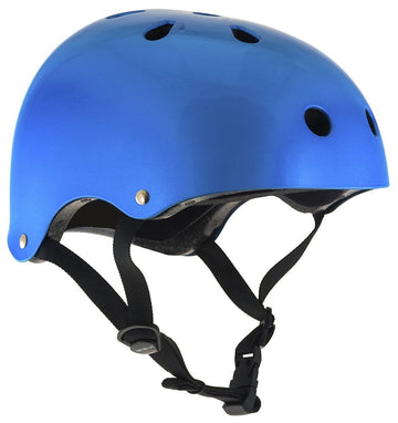 The SFR Essentials Skate / Scooter Helmet in Matt Blue is highlighted. This helmet, crafted from high-impact ABS, includes black adjustable straps and a buckle for secure fitting, making it perfect for both cycling and skating adventures.