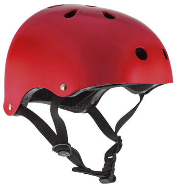 The SFR Essentials Skate / Scooter Helmet in matt red boasts black adjustable straps and multiple ventilation holes. Its side view showcases a smooth surface and secure fit, offering both safety and comfort for any adventure.