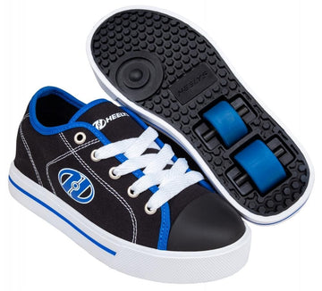 Heelys Classic X2 Boys Shoes by Heelys shown in black, white, and blue; one shoe displays the side view, while the other reveals 2 wheels in the sole from a bottom view.