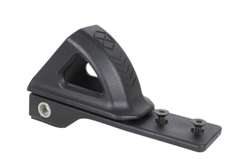 The Native Stem Stunt Scooter Fender - Black is a deck accessory with a triangular-shaped body and an open center, featuring a textured grip on the top. It comes with two screws on the lower flat extension for easy installation, making it perfect for rear wheel protection.