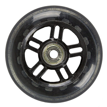 Close-up of the JD Bug Original Street 100mm Scooter Wheels in black, showcasing the sleek design featuring ABEC 5 bearings. The wheel exhibits a series of small cutouts around the hub, and its slightly translucent outer layer offers a glimpse into the detailed inner structure.