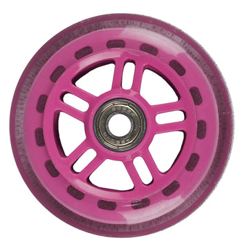 The JD Bug Original Street 100mm Scooter Wheel in pink is captured in close-up, highlighting its ABEC 5 metallic bearing at the center and a design of dark accents around the rim, set against a plain white background.