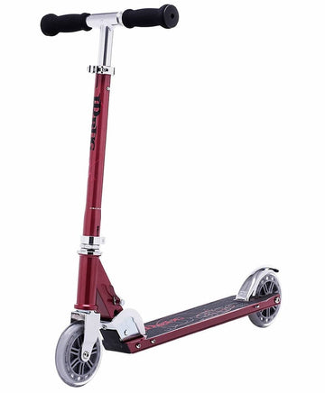 The JD Bug Classic Street 120 Kids Foldable Kick Scooter - Red Glow Pearl by JD Bug is a stylish red delight with black foam handles, two wheels, and a textured deck for grip. Its lightweight and foldable design ensures easy transport.