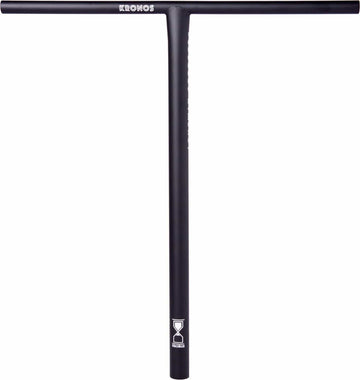 The Longway Kronos Titanium Oversized HIC Stunt Scooter T-Bars in black, measuring 700mm x 610mm, are lightweight with a sleek T-shape. They prominently feature Longway branding at the top and an hourglass logo near the base, offering both durability and style for your custom scooter handlebar needs.
