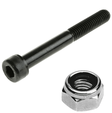 The Universal High Tensile M8 Scooter Axle Bolt & Nut set includes a black hex socket head bolt, ideal for use as a scooter axle, and a silver nut, both resting on a white background. The bolt is long and features threading on one end, while the universal nut exhibits precise internal threading in its circular opening.