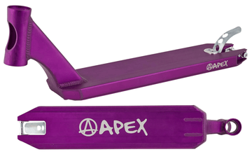 The Apex Pro Purple Stunt Scooter Deck, measuring 4.5" x 20.1", showcases a reinforced head tube and brake with the "APEX" brand logo in white. It is displayed from two perspectives: a side view presenting its structural features and a bottom view emphasizing the logo.