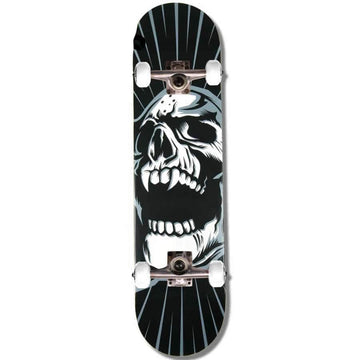 The Madd Gear (MGP) MGP Gangsta Series Scream Complete Skateboard - 7.75" x 31" features an eye-catching graphic of a roaring skull on the deck, set against a black background with white details. Ideal for beginner skateboarders, it comes with smooth white wheels and sleek silver trucks.