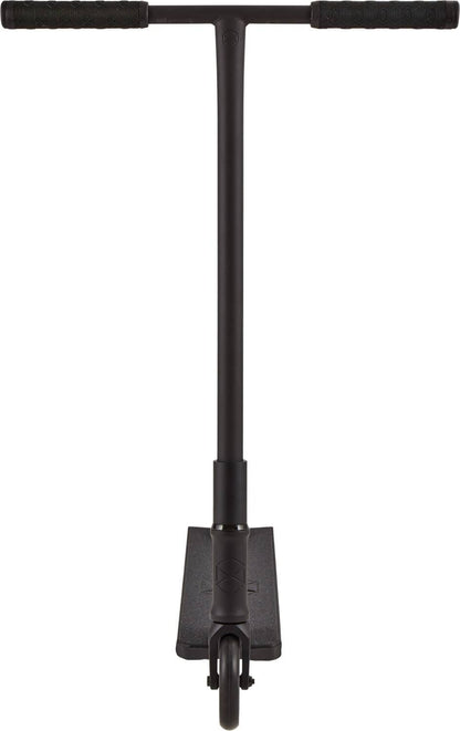 Front view of the Native Stem 495mm S Complete Stunt Scooter in black, featuring a T-shaped handlebar, rubber grips, and visible front wheel—ideal for beginners.
