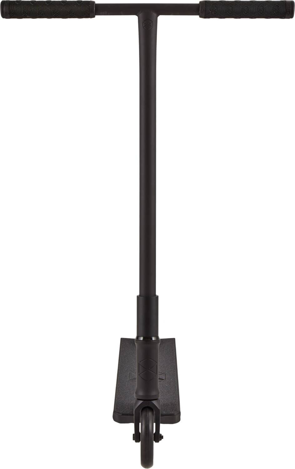 Front view of the Native Stem 560mm XL Complete Stunt Scooter in black, featuring black handle grips and a straight handlebar. Its robust all-black deck and frame make it an ideal street scooter for tall riders.