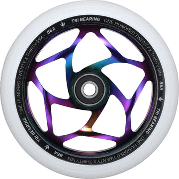 The Blunt Envy Tri-Bearing 120mm x 30mm Scooter Wheel in Neochrome and White features a metallic, iridescent hub with a star-like spoke pattern. It offers enhanced control thanks to its innovative Tri-Bearing design. With a white tire rated at 86A hardness and full specifications encircling the hub, this wheel is both stylish and functional.
