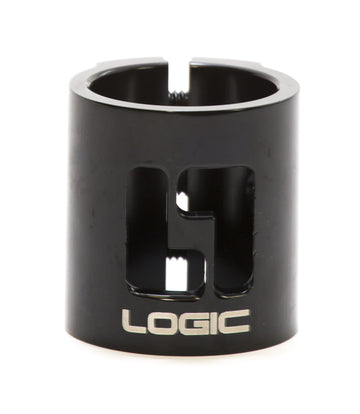 The Logic 3 Bolt Oversized Stunt Scooter Clamp, ideal for lightweight HIC setups, boasts a sleek black metal design with "LOGIC" elegantly engraved in silver. Its cut-out construction enhances its stylish look while delivering superior clamping power and a smooth, glossy finish.