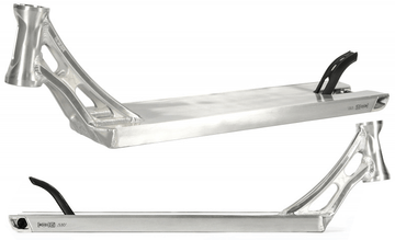 The Ethic DTC Vulcain Boxed 12 STD Raw Silver Stunt Scooter Deck, measuring 5.1" x 20.9", showcases a sleek, minimalist design with headtube cutouts and a rectangular platform. Captured from a side angle, its smooth surface and sturdy construction are highlighted, along with its compatibility with the 12 STD bearing system.