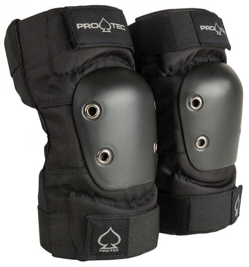 A pair of black Pro-Tec elbow pads featuring an ergonomic design with hard protective shells and adjustable straps, perfect for skateboard protection.