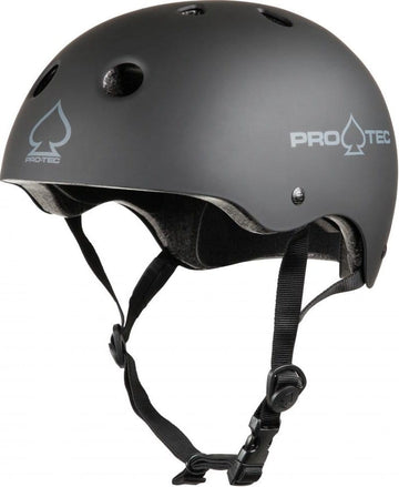 The Pro-Tec Classic Certified Skate/Scooter Helmet in Matt Black boasts a high-impact absorbing ABS shell, equipped with ventilation holes and adjustable straps. The PROTEC logo on the side makes it an ideal choice for extreme sports enthusiasts.