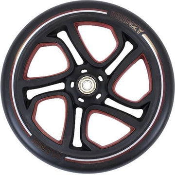Close-up of a black Frenzy 250mm replacement scooter wheel, highlighting five spokes with red and brown accents on the inner sections. The brand name "Frenzy" is prominently displayed on the outer rim, featuring a central metal bearing.