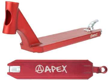 The Apex Pro Red Stunt Scooter Deck, recognized as the premier choice for scooter decks globally, showcases a striking red finish adorned with the APEX logo. Its sleek surface, when viewed from above, incorporates a brake at one end. The side profile highlights its robust Australian craftsmanship and intricate design details.