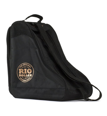 The Rio Roller Rose Skate Bag in Rose Gold is designed with a chic black color accented by a tan and black logo. It is made from water-resistant material and comes with both a top handle and an adjustable shoulder strap for convenient carrying, ensuring your roller skates are securely held.