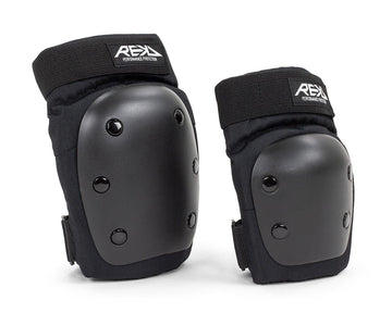 Introducing the REKD Youth Heavy Duty Double Skate Protection Pad Set in Black, these knee pads are equipped with robust protection and adjustable straps, perfect for sports or safety purposes. Designed with a hard shell and featuring the REKD logo on top, these action sports pads guarantee optimal performance.
