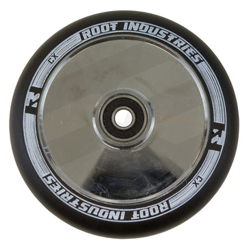 The Root Industries AIR Hollowcore 120mm Stunt Scooter Wheel in Black/Mirror Chrome Silver boasts a sleek metallic core and the brand name elegantly displayed in white on the rim. It is engineered with AIR Hollowcore technology, featuring a central bearing for smooth rides.