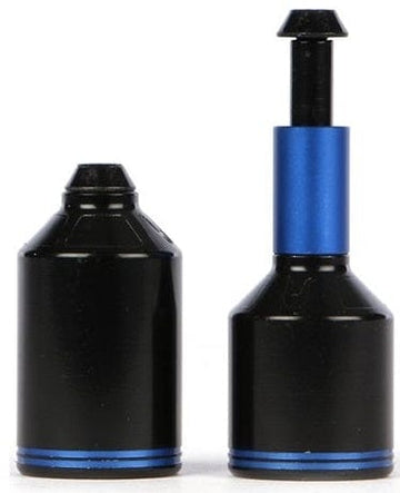The two cylindrical objects in black and blue, featuring conical tops, resemble the Ethic DTC Aluminium Stunt Scooter Pegs - Blue by Ethic. One is sealed, while the other is open, showing an inner blue section with a protruding black rod.