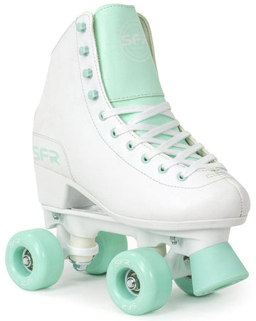 Introducing the SFR Figure Quad Roller Skates - White / Green, featuring a sleek white design with mint green highlights and a high-top style, ideal for beginner skaters. With smooth-finish durable polyurethane wheels and distinctive "SFR" branding near the heel and tongue, these skates embody SFR's quality craftsmanship.