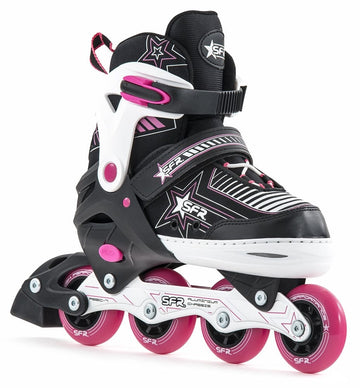 The SFR Pulsar Adjustable Inline Skates - Pink are designed for beginner skaters and feature black and white boots with pink accents, complemented by four pink wheels. The boots have star designs and an adjustable strap system for a secure fit, proudly displaying the SFR brand on both the boot and wheels.