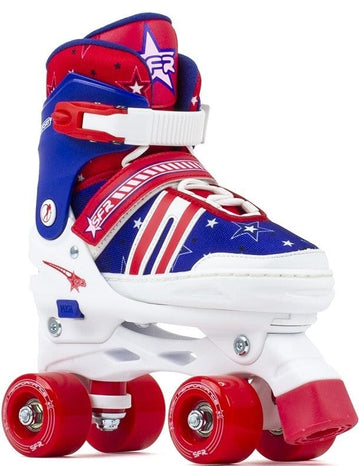 Introducing the SFR Spectra Adjustable Quad Roller Skates in Blue and Red, perfect for beginner skaters. These skates feature an eye-catching design with star patterns, four durable polyurethane wheels, adjustable straps, and high ankle support to provide a smooth ride and secure fit for newcomers to skating.