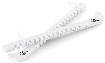 SFR Figure Ice Skate Blade Guards in white, crafted from durable polypropene, showcase a black SFR logo. Featuring grooves designed to fit ice skating blades and secure clasps at the ends, these guards elegantly cross over each other on a white background.