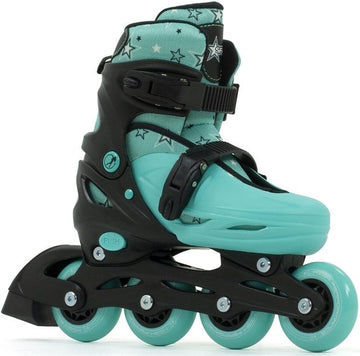 The SFR Plasma Adjustable Inline Skates are ideal for beginner skaters, showcasing a black and green design with adjustable straps. The vibrant green wheels complement the sturdy boot, offering both style and support as you glide.