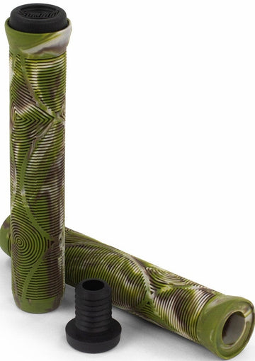 Two Slamm Team Swirl Jungle Green Stunt Scooter Grips, measuring 165mm, feature a multi-directional pattern for enhanced comfort and control. One grip stands upright while the other rests horizontally with its open end facing the viewer. A small black end cap is included to complete the set.