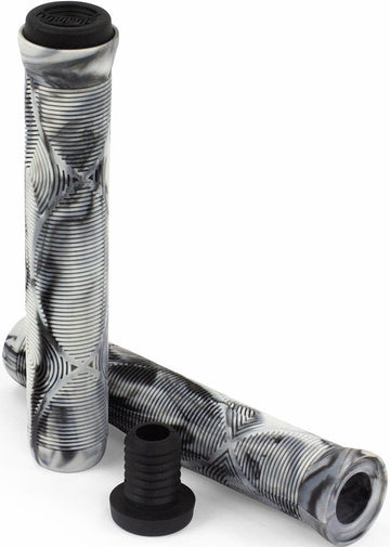 The Slamm Team Swirl Urban Grey Stunt Scooter Grips, measuring 165mm, feature a dynamic black and gray swirl pattern with a wavy, textured surface. One grip is positioned vertically with its black end cap on top, while the other lies horizontally next to a separate end cap—perfect for enhancing your scooter.