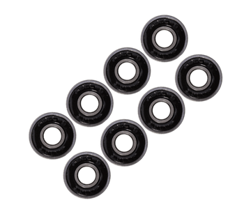 Eight small, round Stunt Skateboard Bearings from Skates.co.uk are arranged in a staggered pattern against a white background. These ABEC 9 skateboard bearings are black with silver inner rings, creating a striking contrast perfect for enhancing the performance of your stunt scooter.