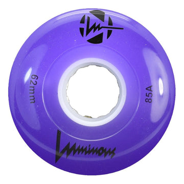 The Luminous LED 85A Quad Roller Skate Wheels in Purple (62mm) feature a white core, black logo, and glow for a vibrant addition to your collection.