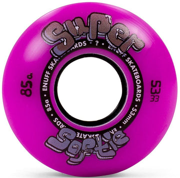 The purple skateboard wheel, from the Enuff Super Softie 53mm 85A Skateboard Wheels collection, showcases vibrant, playful lettering with "Super Softie" and "Enuff Skateboards." It offers an 85A hardness rating and a 53mm size for an exceptionally smooth ride.