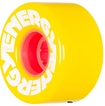 A vibrant yellow wheel from Radar's Energy series, made of durable urethane, features the brand name "ENERGY" in white along the side. Perfect for outdoor skating, it boasts a red core and a 78A durometer, providing an excellent combination of grip and speed. This model is officially named the Radar Energy 78A Quad Roller Skate Wheels - Yellow, measuring 57mm x 32mm.
