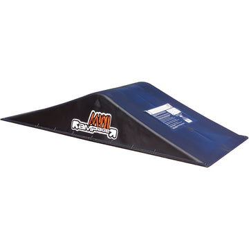The Rampage Double Mini Skate Ramp is a sleek black ramp featuring an inclined surface ideal for skating stunts and jumps. With "Rampage" prominently displayed in orange and white on the side, its design ensures easy transport, making it perfect for skaters on the go.