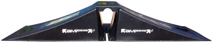 The Rampage Airbox V2 Full Size Ramp by Rampage is a black plastic skate ramp set featuring two opposing sloped ramps joined by a central flat bridge.