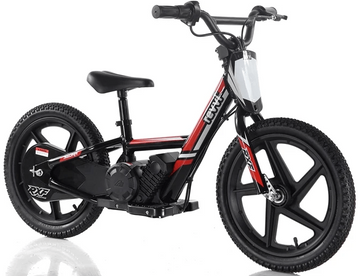 Introducing the Revvi 16" Kids Electric Balance Bike in Red by Revvi. This bike boasts a robust frame and is equipped with knobby tires, a comfortable padded seat, and a lightweight motor. It features handlebars with grips and a protective front plate for added safety, along with a twist throttle for easy control.