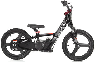 The Revvi 16" Plus Kids Electric Balance Bike - Black from Revvi features a sleek black frame with striking red accents and robust black tires. Its BMX-style handlebar pairs well with the compact electric motor, providing a contemporary and sporty appearance ideal for young riders looking to develop their skills on this outstanding balance bike.